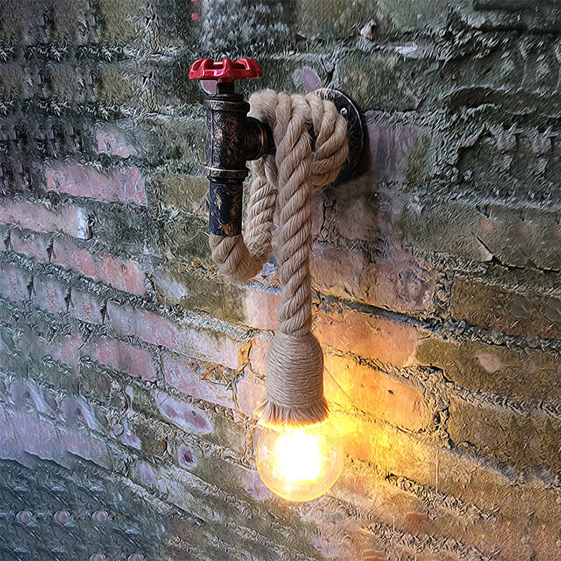 Frendorf | 1 Licht Verstelbare Touw Wandlamp met Open Gloeilamp en Kraan Boerderij Antiek Bruine Ijzeren Wandmontage Verlichting