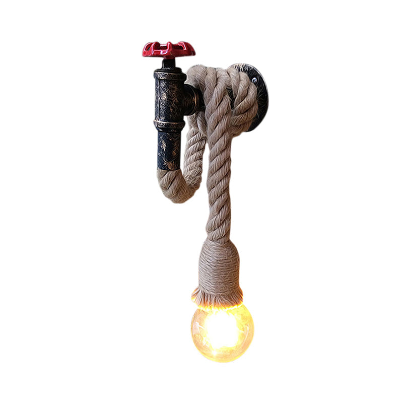 Frendorf | 1 Licht Verstelbare Touw Wandlamp met Open Gloeilamp en Kraan Boerderij Antiek Bruine Ijzeren Wandmontage Verlichting