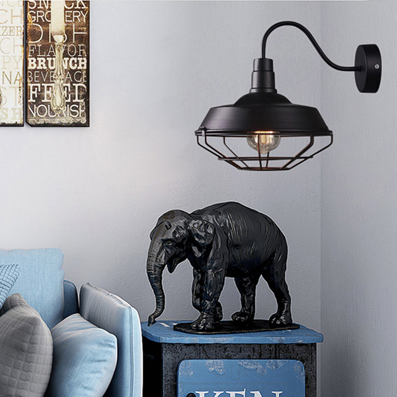 Frendorf | 10"/14" W 1 Kopf Käfig Wandleuchte mit Scheune Schirm und Gänneck Arm Eisen Restaurant Wandmontage Licht in Schwarz/Weiß