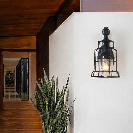 Frendorf | 1 Licht Glocken Shade Wandlamp Industriell Schwarz Glas Wandlampe für Flur mit Metallkäfig Rahmen