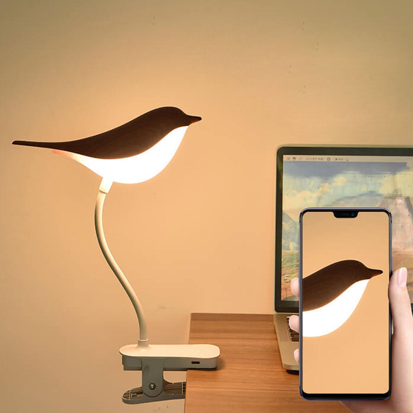 Frendorf | BrightBird Nordic LED Tischlampe | USB-Ladung | Nachtlicht mit Vogelclip | Modernes Design