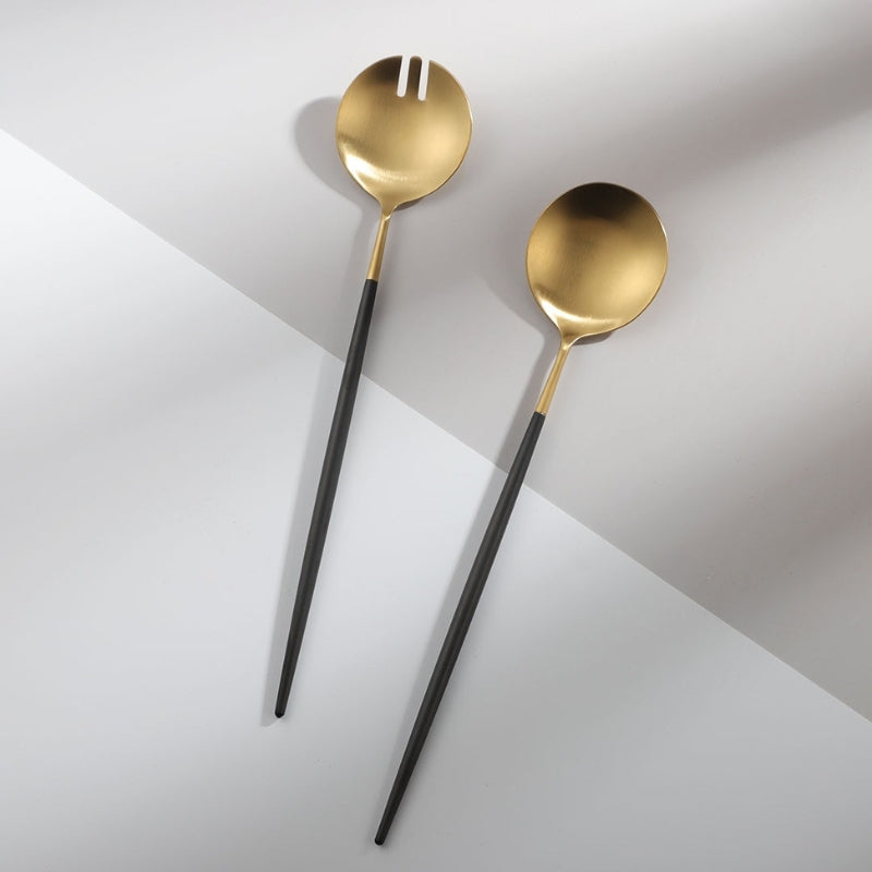 Schwarze und goldene Salatbesteck- und Servierutensilien-Set
