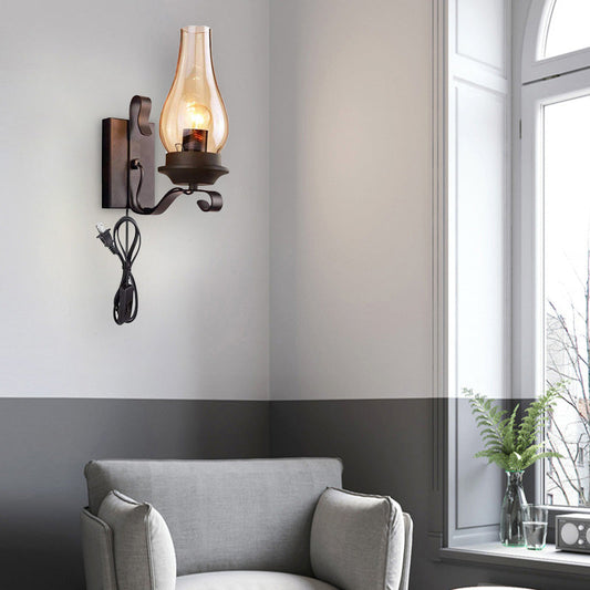 Frendorf | 1 Licht Kerzenwandlamp Vintage Industrieel Zwart Cognac Glas Verlichting in Zwart met Stekkerdraad