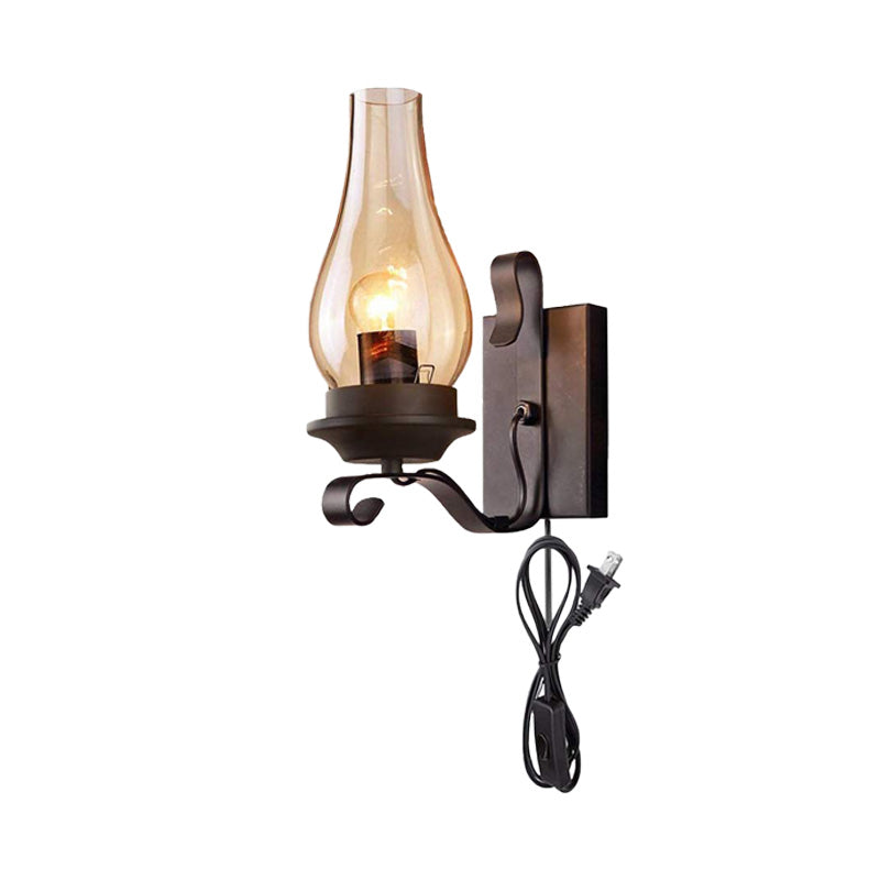 Frendorf | 1 Licht Kerzenwandlamp Vintage Industrieel Zwart Cognac Glas Verlichting in Zwart met Stekkerdraad