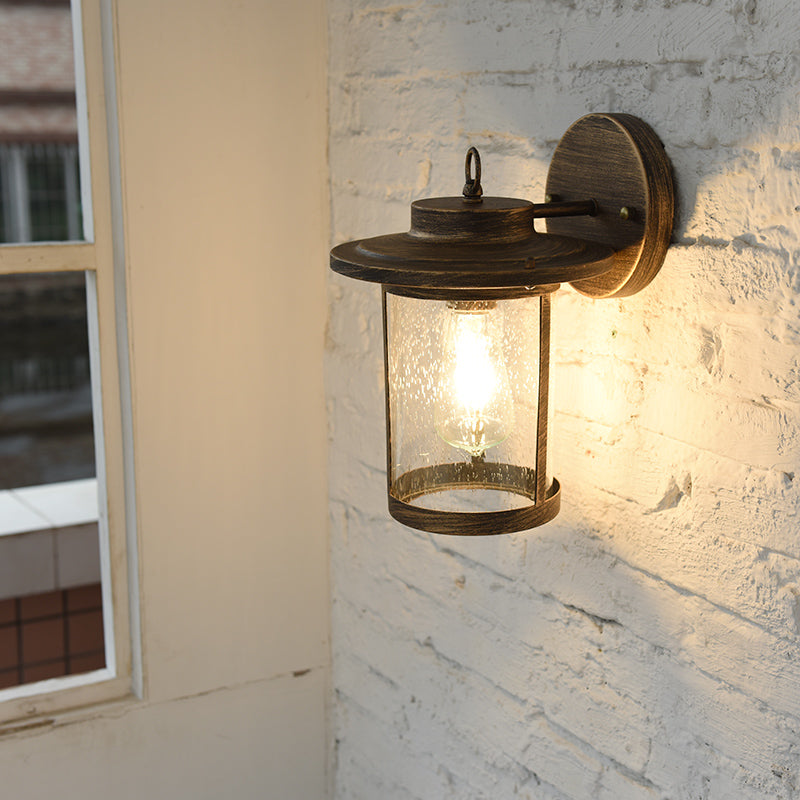 Frendorf | Zylinder Saatglas Wandmontierte Lampe Industrie Einzelne Glühbirne Veranda Wandleuchte in Matt Schwarz/Bronze mit Käfig