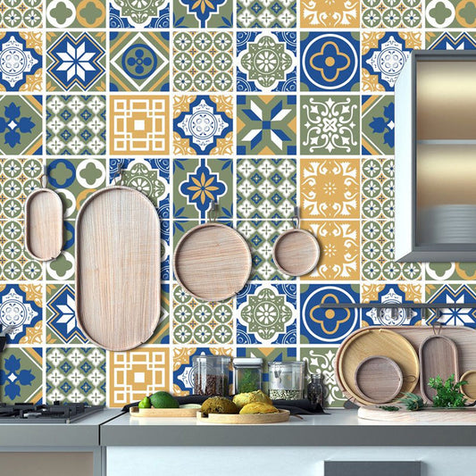 Frendorf | Boho Gemischtes Muster Tapetenpaneel PVC Einfach Abziehbar Blau-Gelb-Grün Wanddekoration für Zuhause