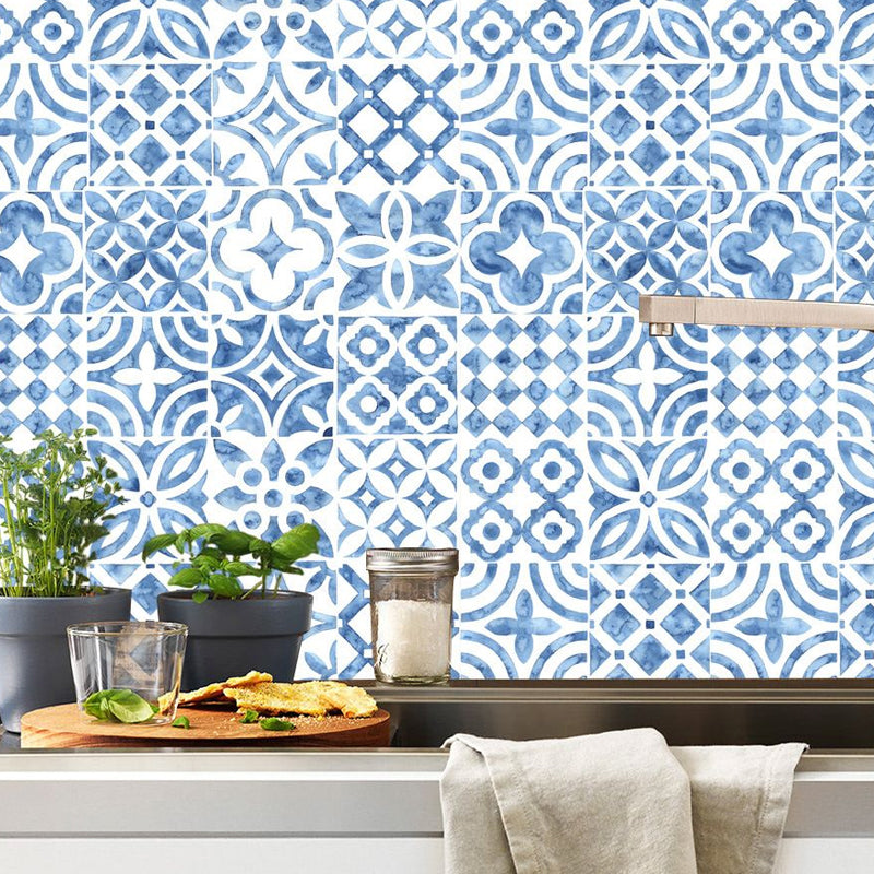 Frendorf | Bohemian Flower Peel Wandpaneele Blaue Fliesenoptik Wandkunst für das Wohnzimmer (20 Stück)