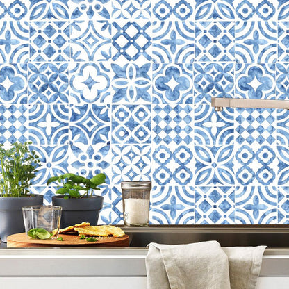 Frendorf | Bohemian Flower Peel Wandpaneele Blaue Fliesenoptik Wandkunst für das Wohnzimmer (20 Stück)