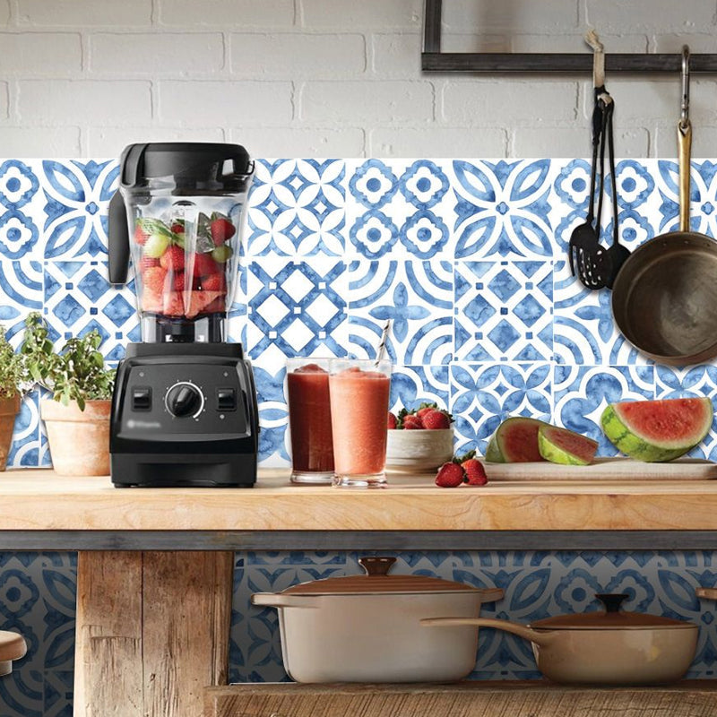 Frendorf | Bohemian Flower Peel Wandpaneele Blaue Fliesenoptik Wandkunst für das Wohnzimmer (20 Stück)