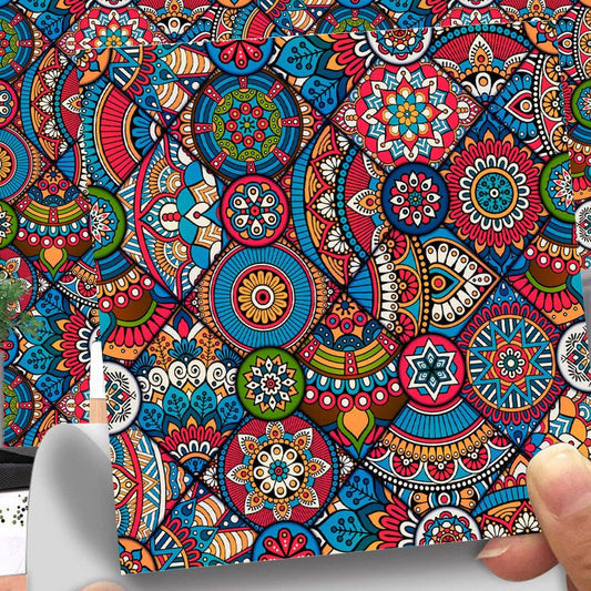 Frendorf | Boho Mandala Peel Wallpaper Panels für Akzentwand 8,6 Quadratfuß Wandverkleidung in Rosarot-Blau-Grün
