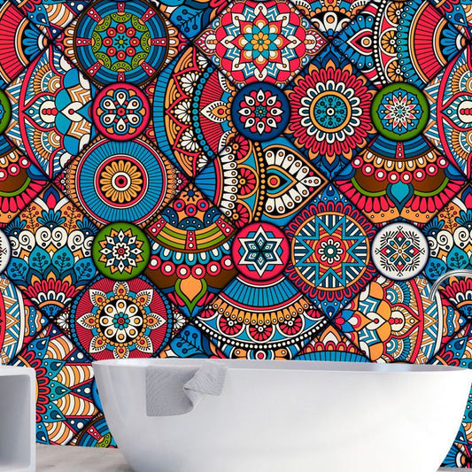 Frendorf | Boho Mandala Peel Wallpaper Panels für Akzentwand 8,6 Quadratfuß Wandverkleidung in Rosarot-Blau-Grün