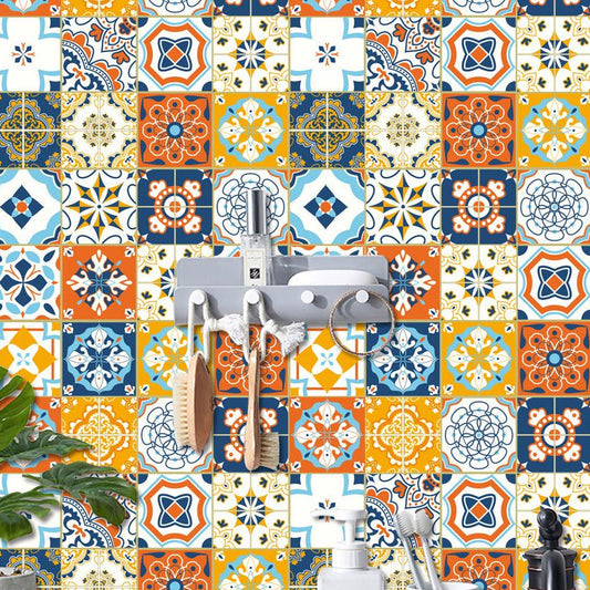 Frendorf | Boho Faux Tile Wallpaper Panel Set Orange-Blau Peel and Stick Wandkunst für Badezimmer