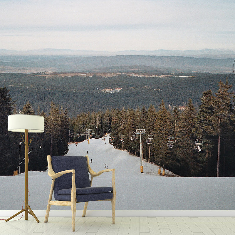 Frendorf | Blaue Modernistische Wandmural-Aufkleber Riesige Schnee-Rampe mit Straßen-Pinien Wandkunst für Schlafzimmer