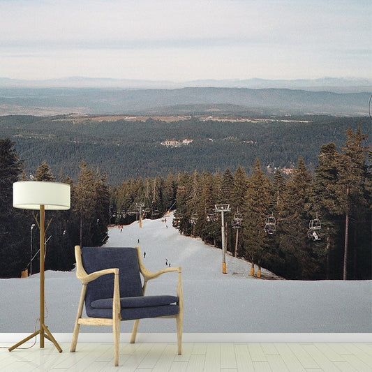 Frendorf | Blaue Modernistische Wandmural-Aufkleber Riesige Schnee-Rampe mit Straßen-Pinien Wandkunst für Schlafzimmer