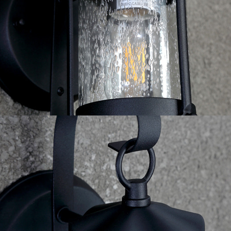 Frendorf | Ein Lampen Wandlicht mit Zylinder/Laternen-Schirm Blasenglas Industrielle Veranda Wandleuchte Fixture in Schwarz