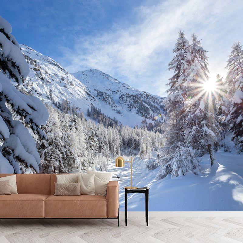 Blauer Himmel Schnee Wald Wandaufkleber Fleckenresistente Modernistische Wohnzimmerc-Wandverkleidung