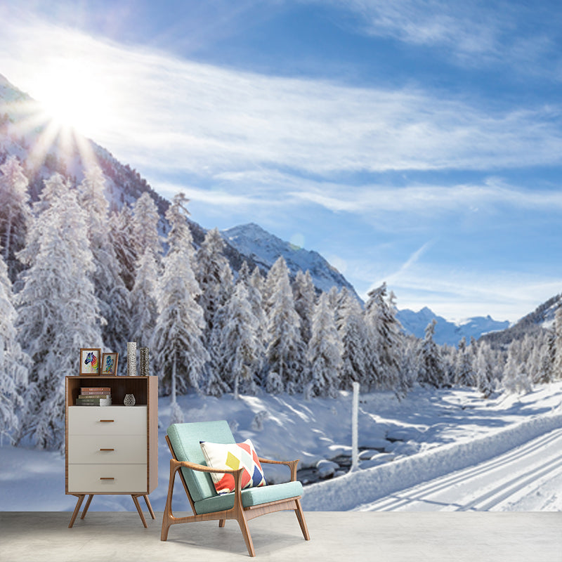 Großes Winterlandschafts-Wandbild Modern Verzaubernde Schnee Straße Über Berge Wandkunst in Weiß