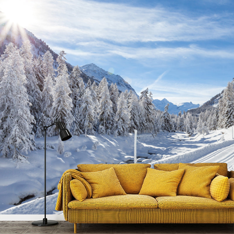 Großes Winterlandschafts-Wandbild Modern Verzaubernde Schnee Straße Über Berge Wandkunst in Weiß