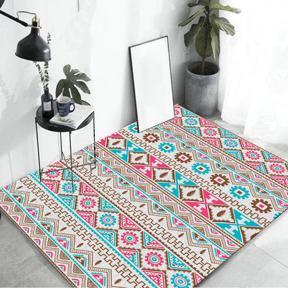 Frendorf | Banded Tribal bedruckter Teppich mit Eingeborenen-Symbolen Polyester waschbar rutschfest fleckenbeständiger Teppich für das Schlafzimmer in Blau und Pink
