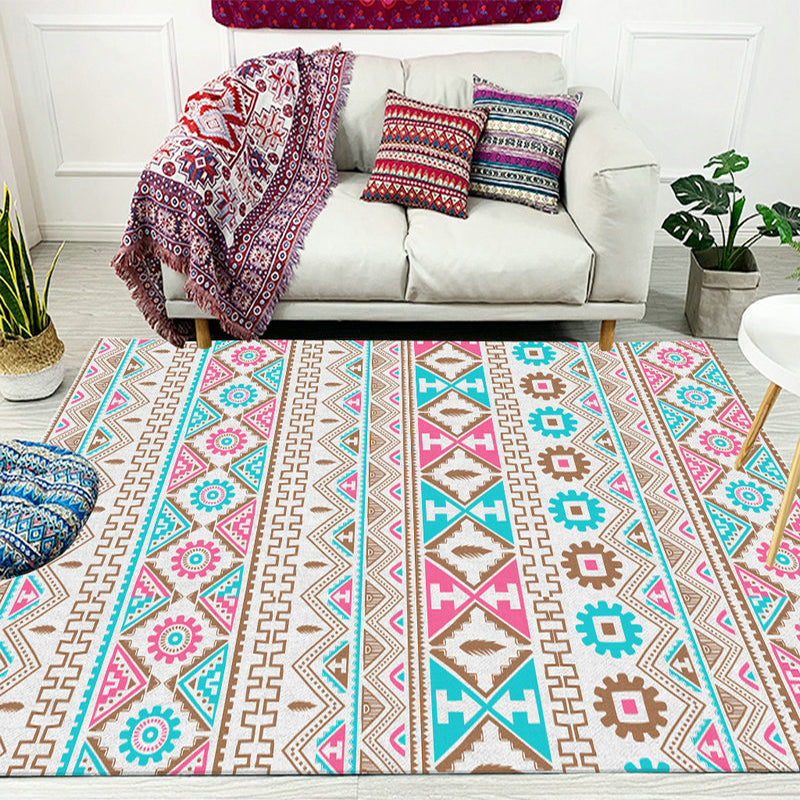Frendorf | Banded Tribal bedruckter Teppich mit Eingeborenen-Symbolen Polyester waschbar rutschfest fleckenbeständiger Teppich für das Schlafzimmer in Blau und Pink