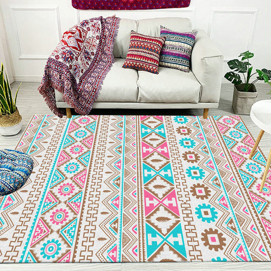 Frendorf | Banded Tribal bedruckter Teppich mit Eingeborenen-Symbolen Polyester waschbar rutschfest fleckenbeständiger Teppich für das Schlafzimmer in Blau und Pink