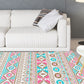Frendorf | Banded Tribal bedruckter Teppich mit Eingeborenen-Symbolen Polyester waschbar rutschfest fleckenbeständiger Teppich für das Schlafzimmer in Blau und Pink