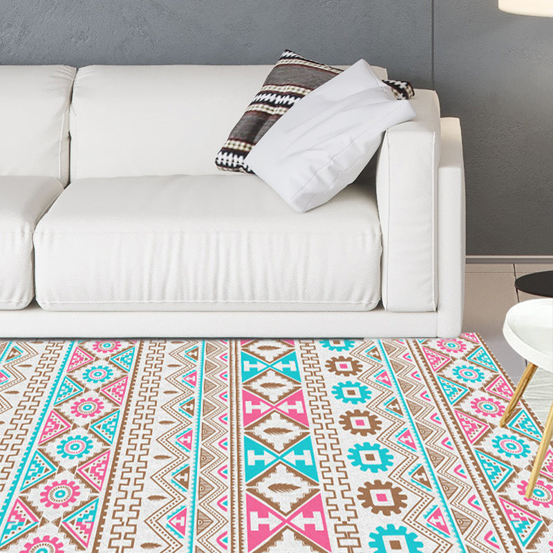Frendorf | Banded Tribal bedruckter Teppich mit Eingeborenen-Symbolen Polyester waschbar rutschfest fleckenbeständiger Teppich für das Schlafzimmer in Blau und Pink