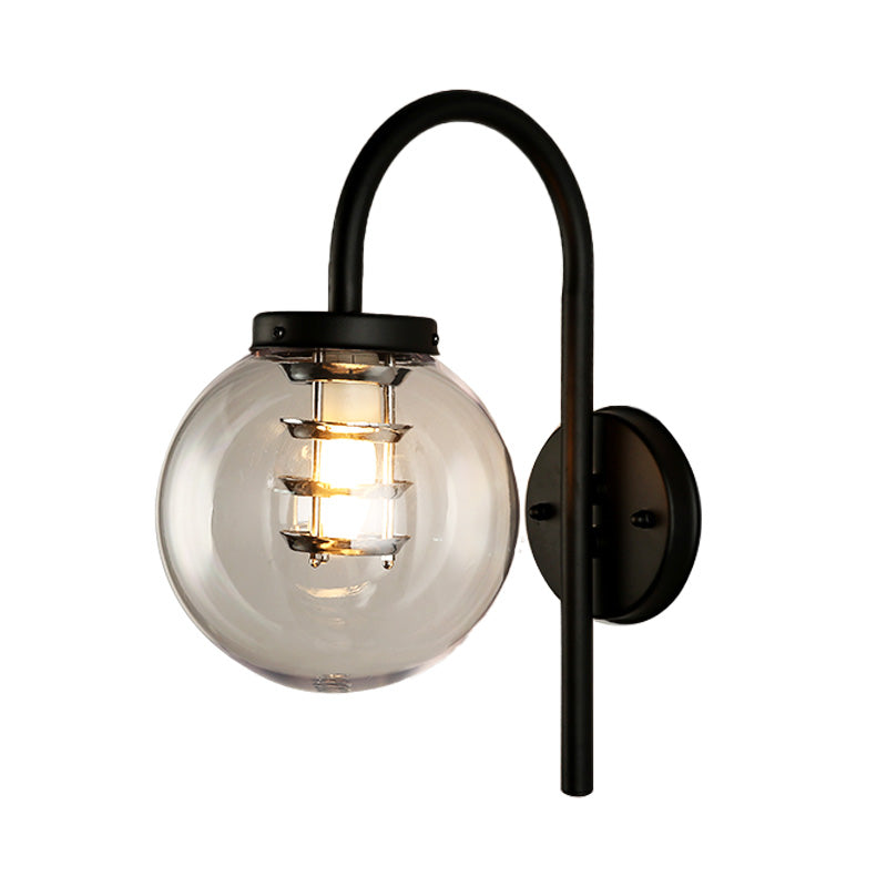 Frendorf | 1 Licht Globe Wandlamp Vintage Zwart/RVS Duidelijk Glas Wandlamp voor Slaapkamer met Koeiennek
