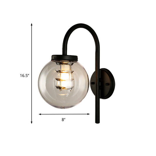 Frendorf | 1 Licht Globe Wandlamp Vintage Zwart/RVS Duidelijk Glas Wandlamp voor Slaapkamer met Koeiennek