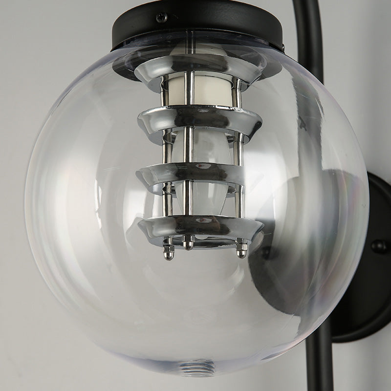 Frendorf | 1 Licht Globe Wandlamp Vintage Zwart/RVS Duidelijk Glas Wandlamp voor Slaapkamer met Koeiennek