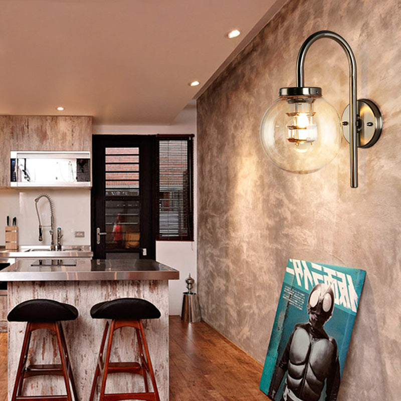 Frendorf | 1 Licht Globe Wandlamp Vintage Zwart/RVS Duidelijk Glas Wandlamp voor Slaapkamer met Koeiennek