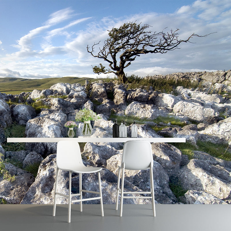 Ganzes Landschafts-Wandbild-Aufkleber Modern Faszinierender Stein und blattloser Baum Wanddekoration in Grau