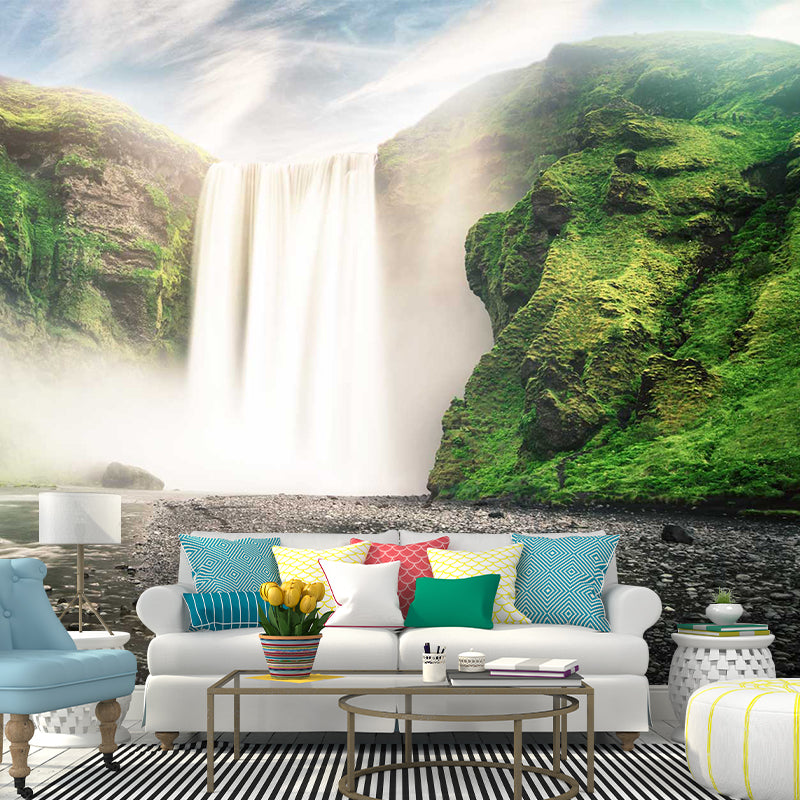 Großer Wasserfall Wandbild Tapete Fleckenfest Moderner Stil Wohnzimmer Wanddeko in Grün