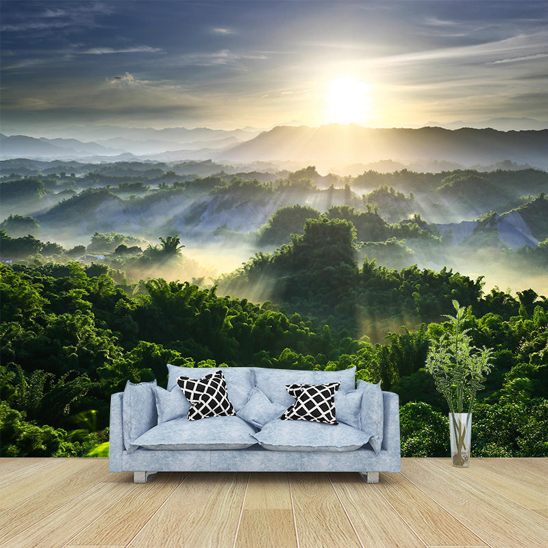 Große Landschaft Wallpaper Mural Moderne Luftaufnahme von Sonnenstrahlen über den Wald Wanddekoration in Grün