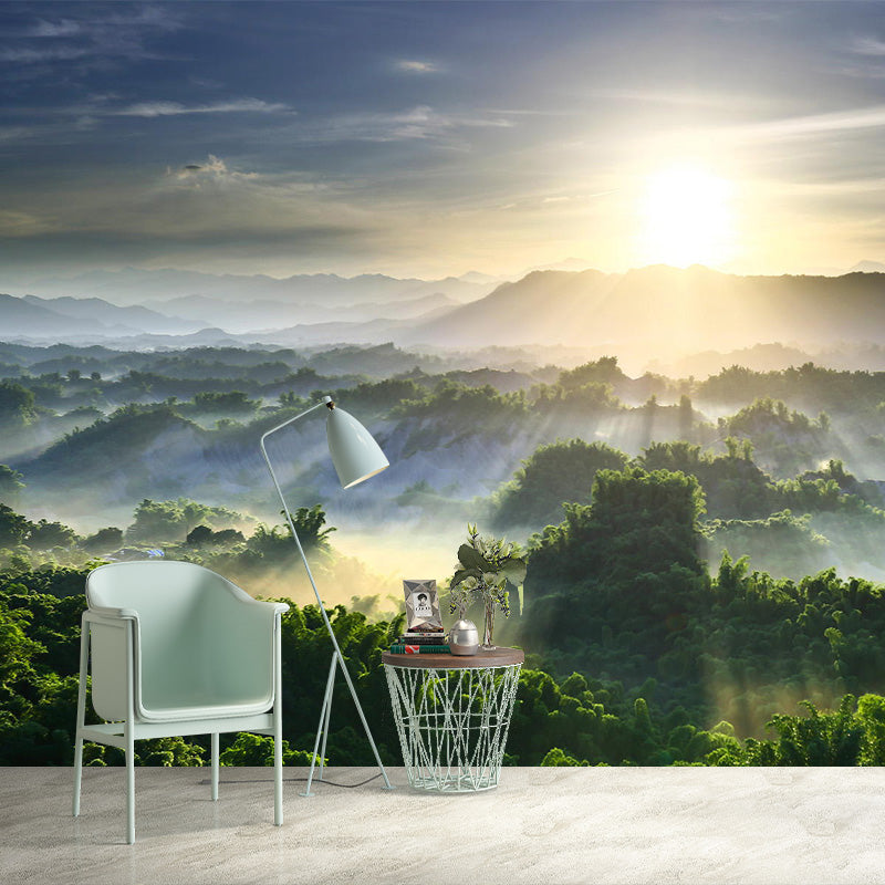 Große Landschaft Wallpaper Mural Moderne Luftaufnahme von Sonnenstrahlen über den Wald Wanddekoration in Grün