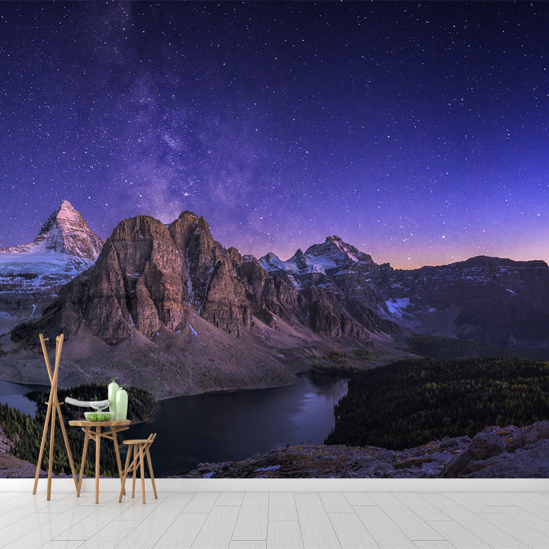 Lila Sternenhimmel Aussicht Wandmural Berglandschaft Modern Wasserdicht Wanddekoration für Zuhause