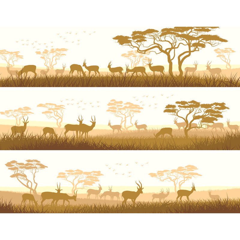 Frendorf | Savanna Goats Voeren Scene Muurschildering Lichtgeel Tropische Wandbekleding voor Woonkamer