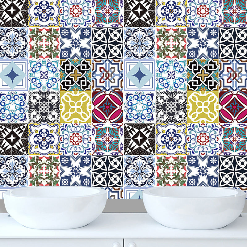 Frendorf | Blumen-Mosaik-Fliesen-Tapeten Boho-Chic Glatte Wandkunst in Blau-Lila, Abziehen und Aufkleben