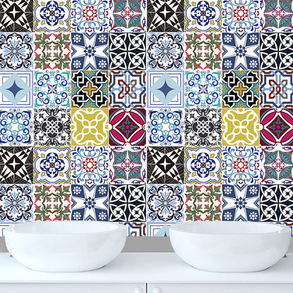 Frendorf | Blumen-Mosaik-Fliesen-Tapeten Boho-Chic Glatte Wandkunst in Blau-Lila, Abziehen und Aufkleben