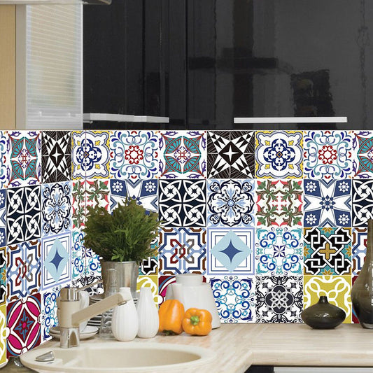 Frendorf | Blumen-Mosaik-Fliesen-Tapeten Boho-Chic Glatte Wandkunst in Blau-Lila, Abziehen und Aufkleben