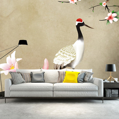 Frendorf | Lichtbraun chinesisch Tapetenmural mit ganzen Blumen und Rotkranich-Wandkunst für das Zuhause