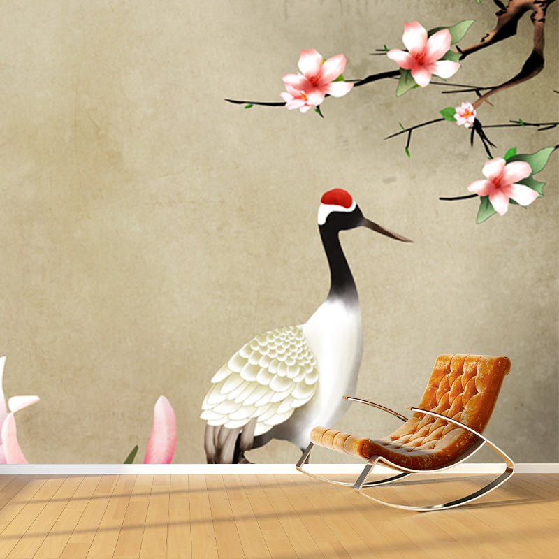 Frendorf | Lichtbraun chinesisch Tapetenmural mit ganzen Blumen und Rotkranich-Wandkunst für das Zuhause