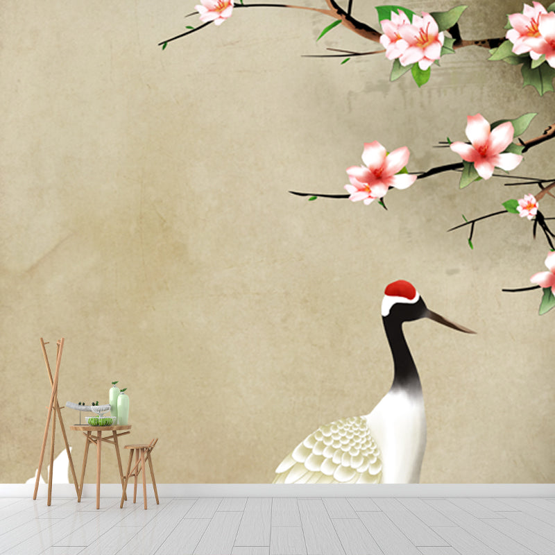 Frendorf | Lichtbraun chinesisch Tapetenmural mit ganzen Blumen und Rotkranich-Wandkunst für das Zuhause
