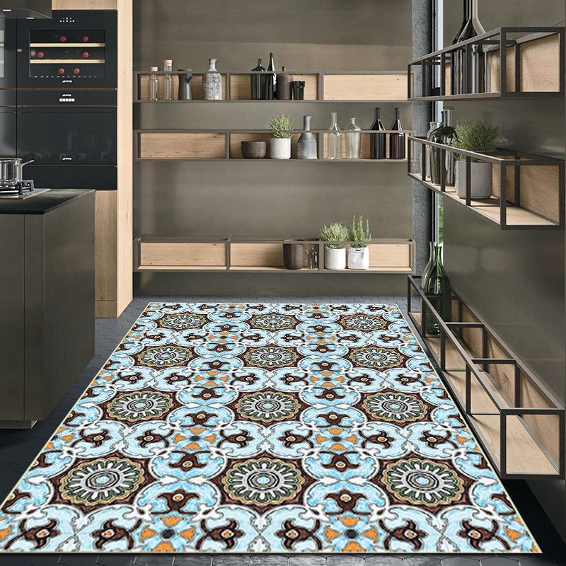 Frendorf | Blau und brauner marokkanischer Teppich Polyester florales Muster Teppich rutschfester Teppich für Wohnkultur