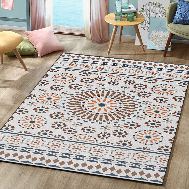 Frendorf | Retro Floral Circle Diamond Teppich in Weiß Bohemian Teppich Polyester Anti-Rutsch Teppich für Schlafzimmer