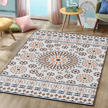 Frendorf | Retro Floral Circle Diamond Teppich in Weiß Bohemian Teppich Polyester Anti-Rutsch Teppich für Schlafzimmer