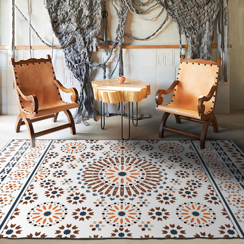 Frendorf | Retro Floral Circle Diamond Teppich in Weiß Bohemian Teppich Polyester Anti-Rutsch Teppich für Schlafzimmer