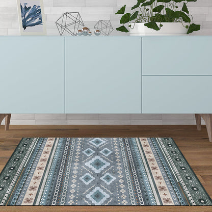 Frendorf | Boho-Chic Blumen Kette Kreuz Teppich in Blau Bohemian Teppich Polyester Waschbar Teppich für Schlafzimmer