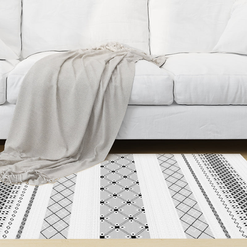 Frendorf | Boho-Chic Geometrische Streifen Diamant Teppich in Weiß Bohemian Teppich Polyester Rutschfester Teppich für Wohnzimmer