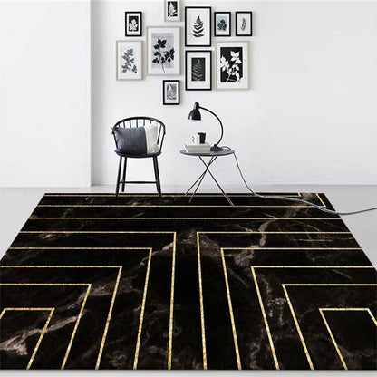 Frendorf | Schwarzer Schlafzimmerteppich Moderner geometrischer Streifen Marmor-Design Teppich Polyester Maschinenwaschbar haustierfreundlicher Teppich